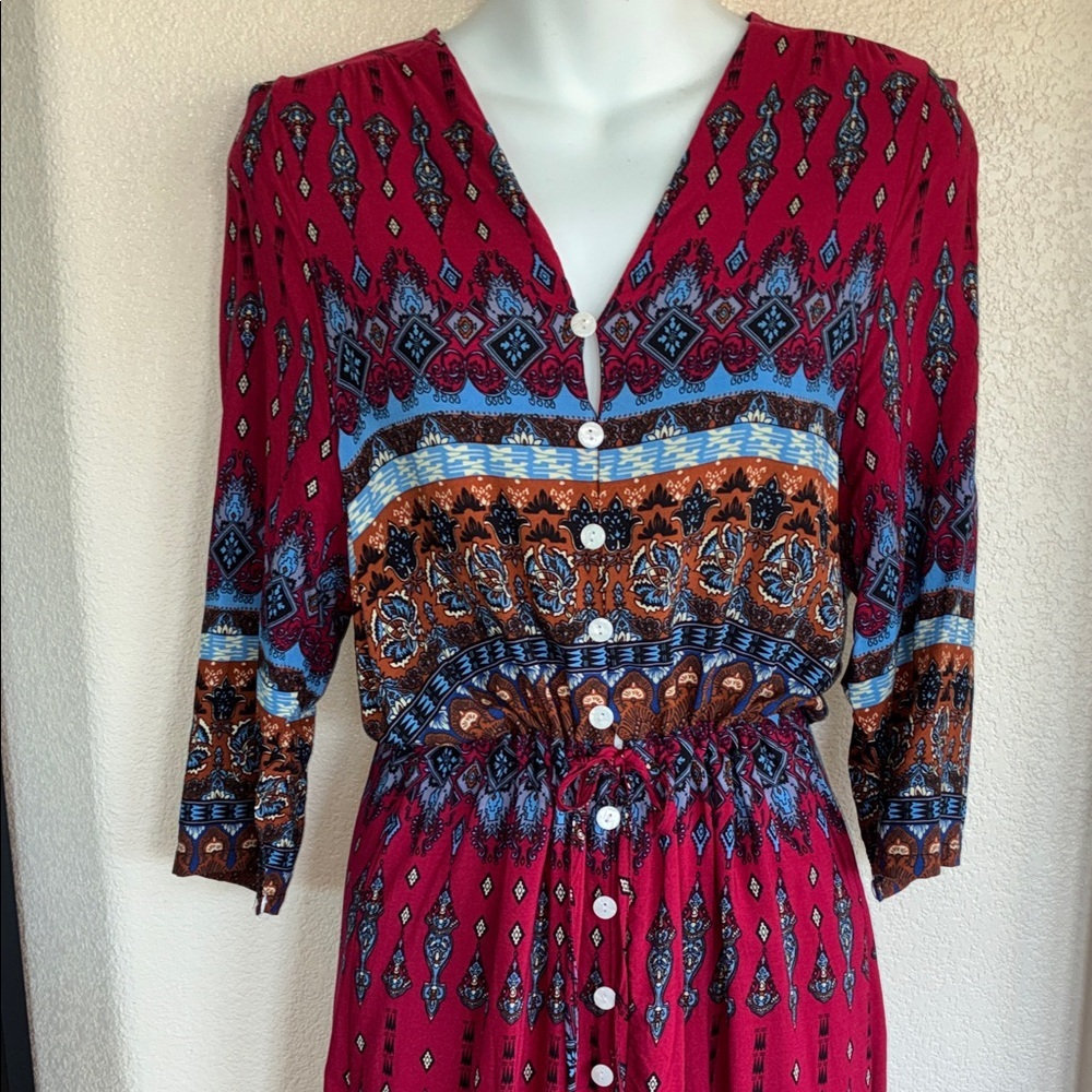 R. VIVIMOS Dress, Women's, M, EUC, Red & Blue Maxi, Buttons, Drawstring Waist. - Picture 6 of 15